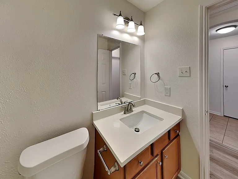This bathroom features a clean