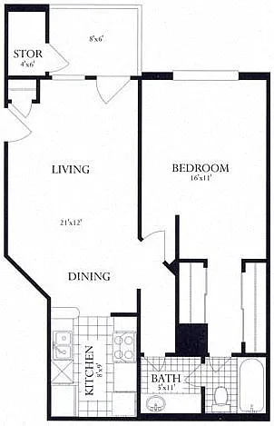 Floor plan 1 Bed, 1 Bath 693 SF 11B
