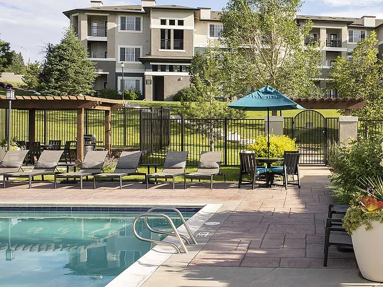 Apartment community resort style pool at Sagebrook in Colorado Springs, Colorado. .