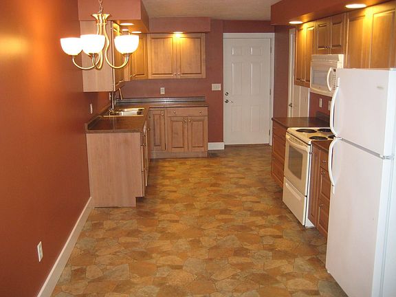 Kitchen area, back door to parking in the center of the phot