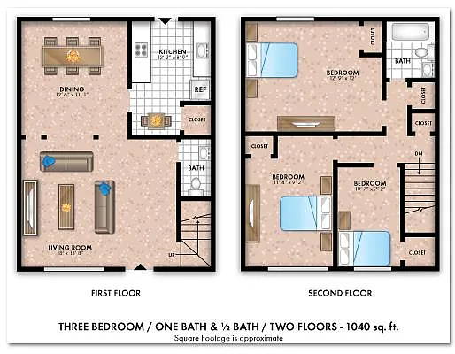 Floor plan Three Bedroom 1.5 Bath Townhomes