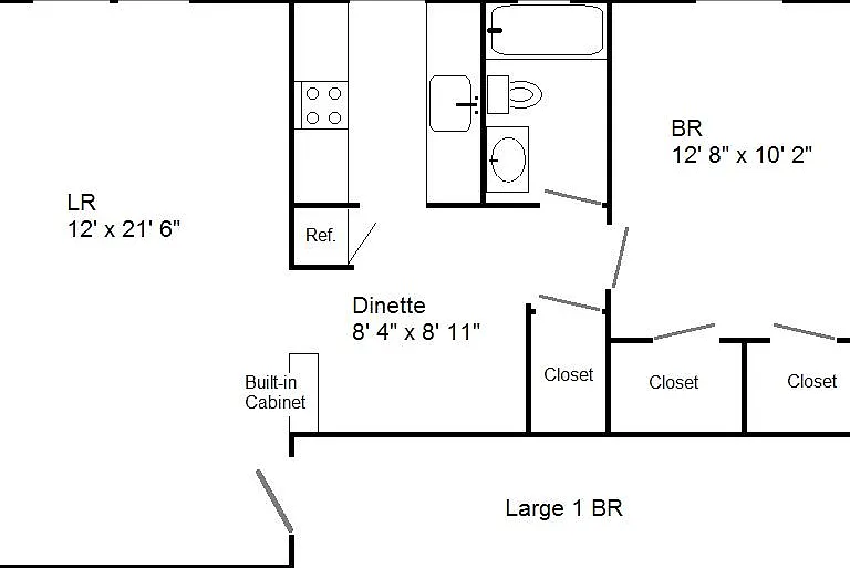 floorplan of corner unit 1 bedroom