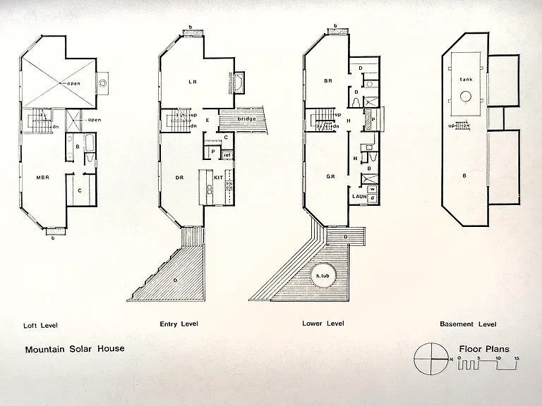 Plan view of the three levels (basement is for utilities)