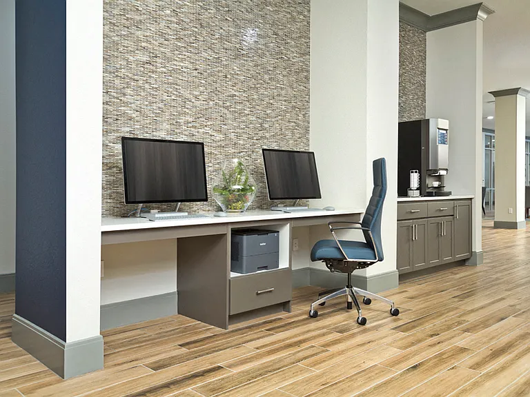 Cyber cafe with individual work stations and complimentary coffee bar