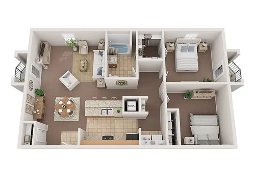 Floor plan 2BR 1BA (900 SF) Ovietto
