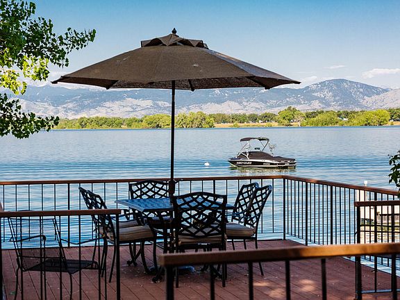 Outdoor dining area near lake