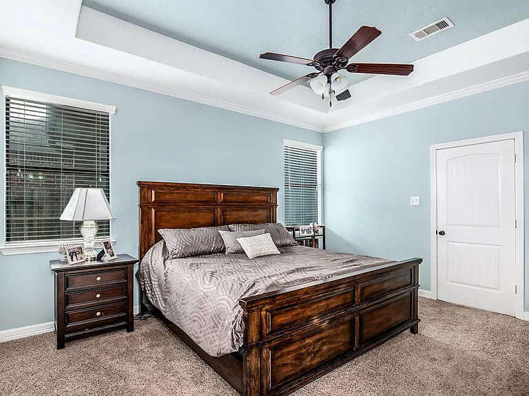 Spacious first-floor primary suite with an elegant tray ceiling.