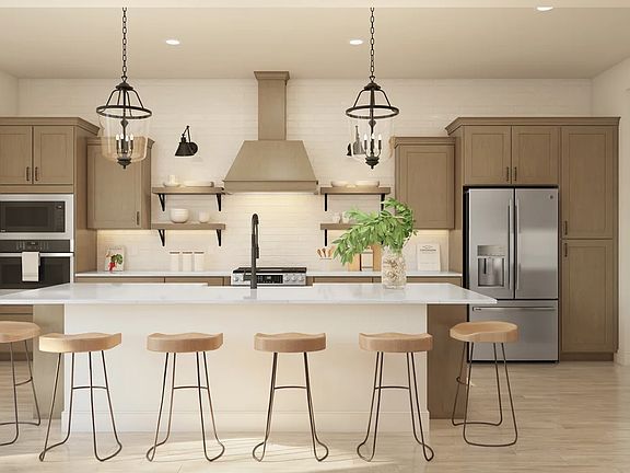 Kitchen with floating shelves and pendant lighting