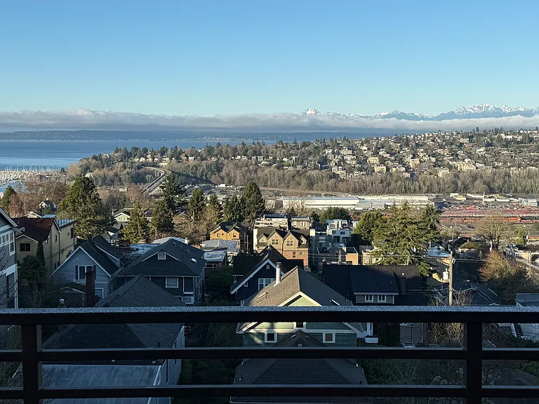 The deck off of the Office/Studio with a view of the Olympics and Sound.