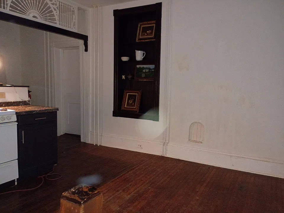 living room, built in shelves.