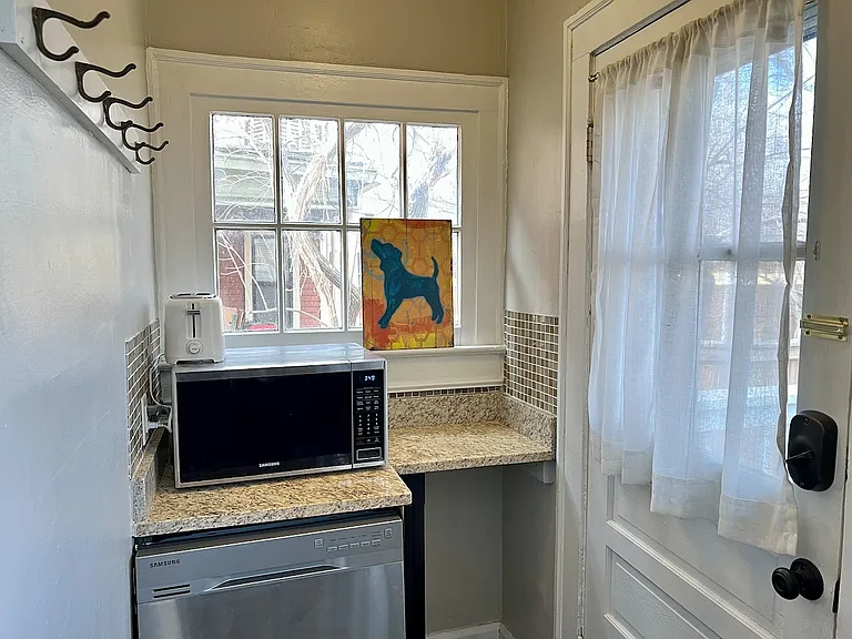 Microwave, dishwasher and toaster.