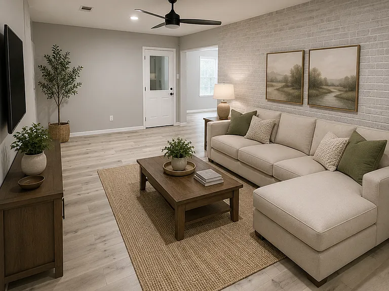 Bright and inviting family room with modern flooring, updated finishes, and plenty of space to relax or entertain.