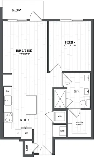 Floor plan 1 Bed/1 Bath-A2A