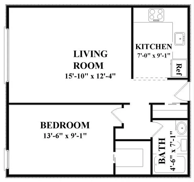 Floor plan 1J1 - 1 Bdrm, 1 Bath, Jr.