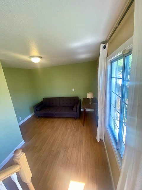 Living room with a window overlooking the front lawn.