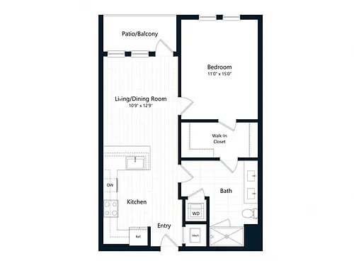Floor plan One Bedroom One Bath (716 SF)