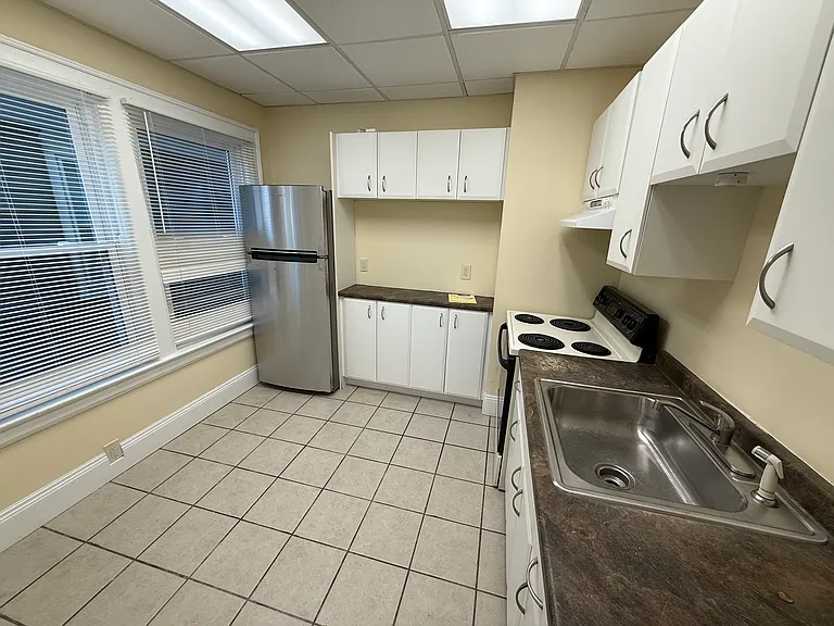 Kitchen. New blinds, ceiling panels, and lights were installed in 2025. Brand new refrigerator (never used). Oven is used but fully functional and recently cleaned. Kitchen counters have light wear/abrasion from previous tenant.