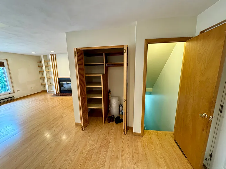 Door to the lower level and foyer storage closet with built in shelves