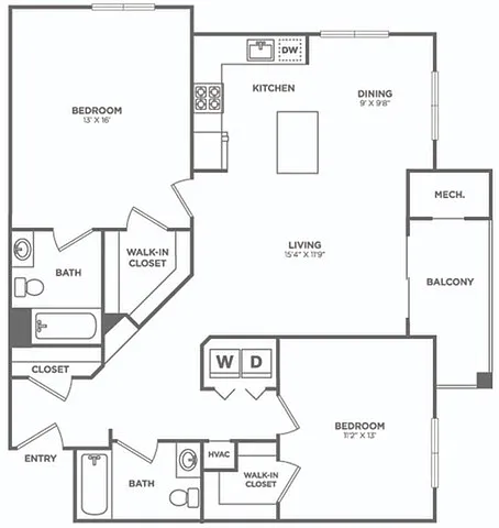 Floor plan Two Bedroom Two Bath (1080 SF)
