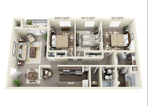 Floor plan Three Bedroom Two Bath