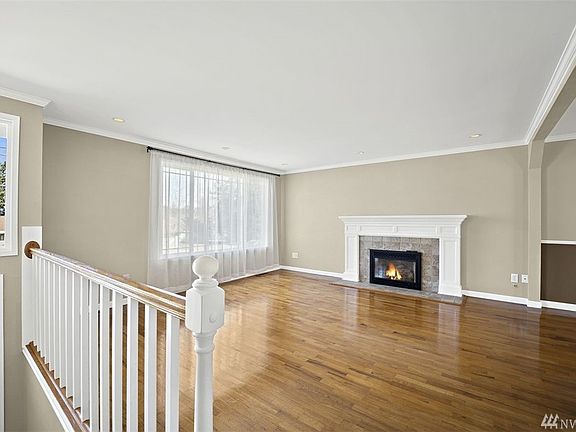 Large window in living room with gleaming hardwood floors.
