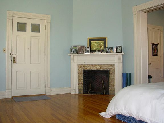 Front door and fireplace