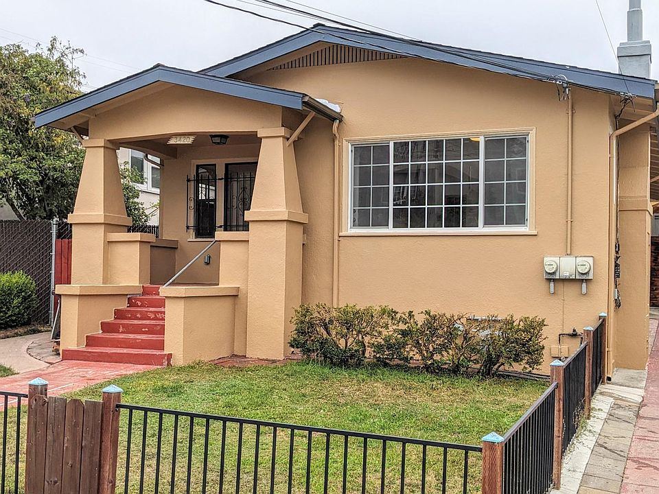 Front of house with fence in frontyard.
