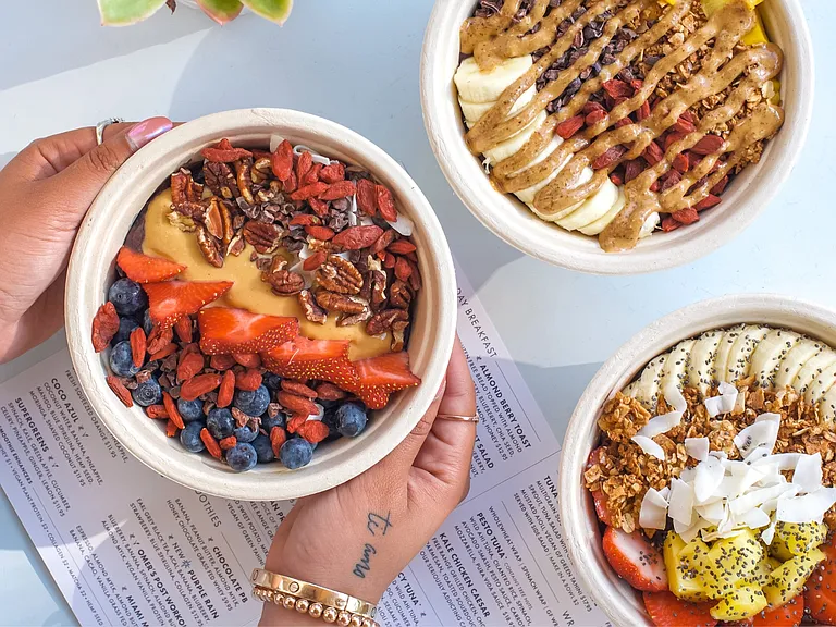 Start your day at Pura Vida with a delicious organic acai bowl
