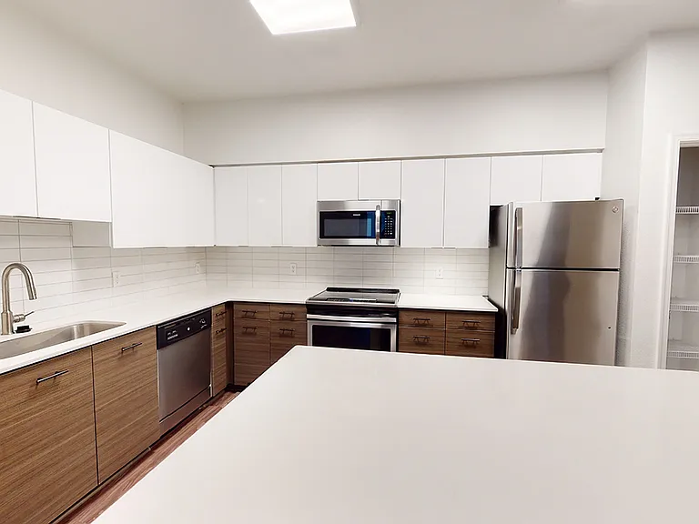 Apartment kitchen with stainless steel appliances, quartz countertops and wood-style flooring.