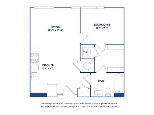 Floor plan 1 BR 1 BA (590 SF)