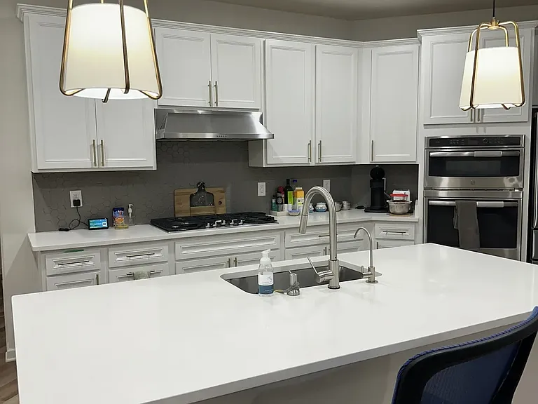 Modern kitchen featuring stylish pendant lighting, backsplash, stainless steel sink, and dishwasher