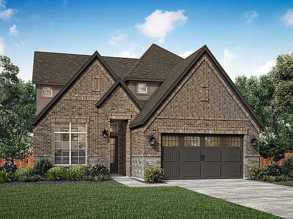 Rendering of the Welch with a two-car garage and professional front yard landscaping.