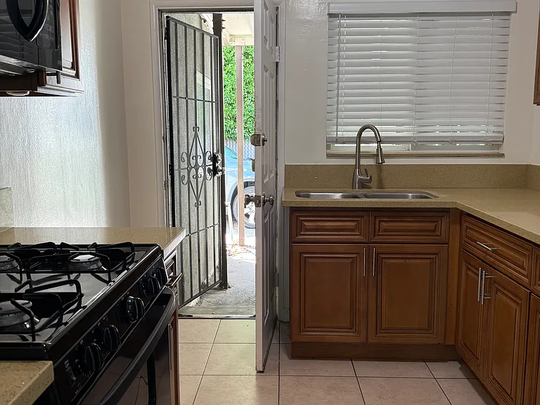 Stove microwave kitchen door opens to back outside are