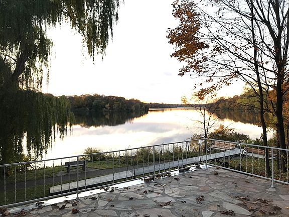 flagstone patio 30 feet from lakeshore, beautiful sunrises, full moons and fall colors