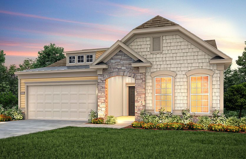 Abbeyville Exterior 6 features stone, shakes, siding and covered front door