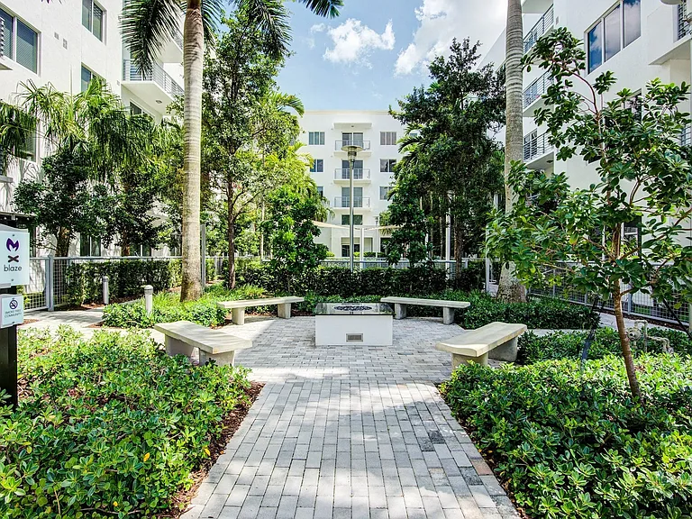 Serene meditation garden and shady lounge area.