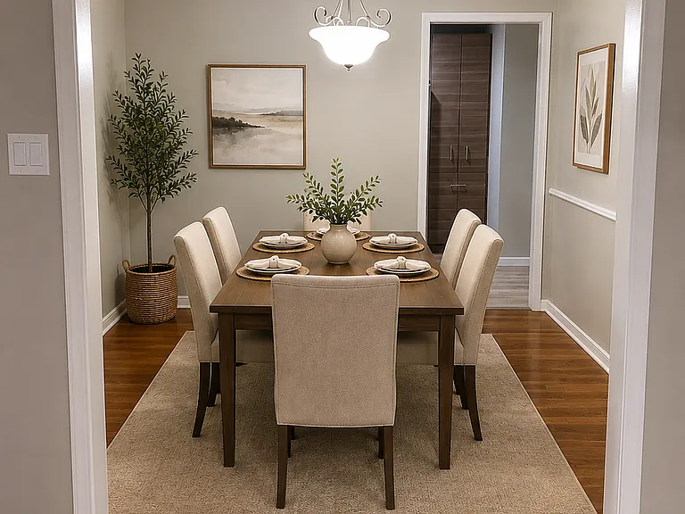 Elegant dining space with modern lighting, hardwood flooring, and the perfect setup for everyday meals or entertaining.