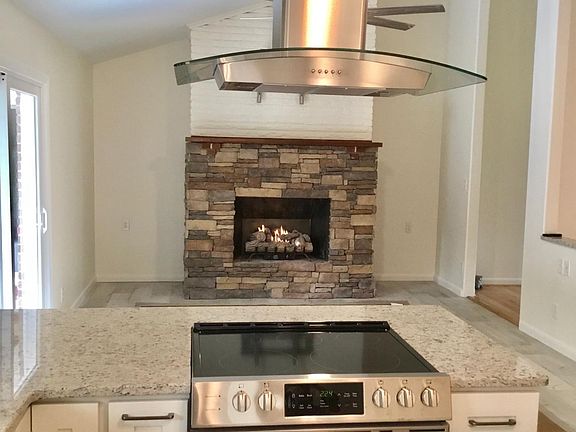 Fireplace in kitchen area