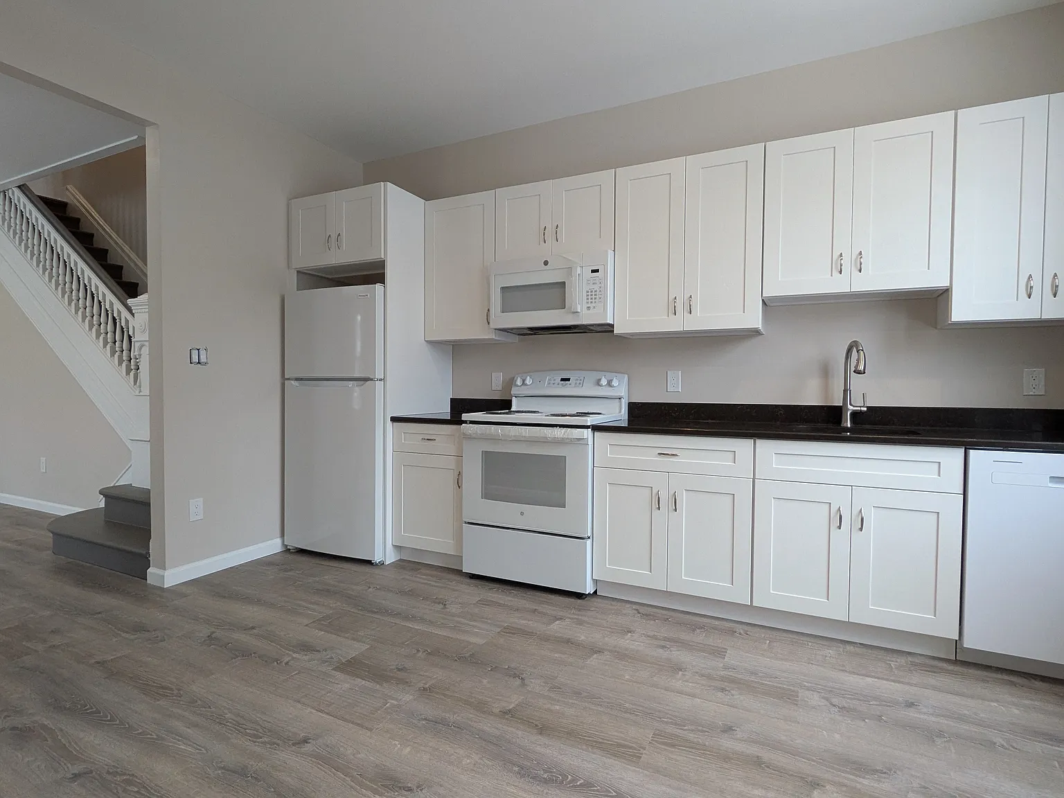 fully updated kitchen with granite countertops and all new appliances (refrigerator, stove/oven, dishwasher, microwave)