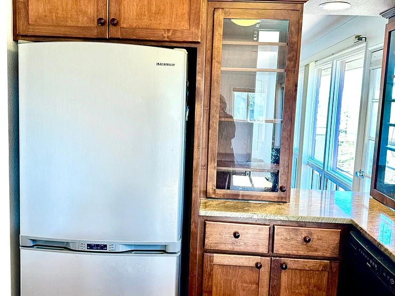 Clean lines, and large refridge with icemaker below.