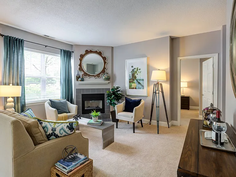 Cozy living room with furniture arranged in front of gas fireplace.
