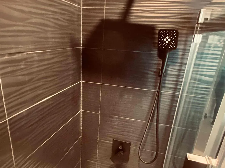 this. shower...
 shut the glass doors, turn off the spotlight, and immerse yourself in this all-black rain shower. turn the knob to activate your handheld attachment with multiple spray settings.