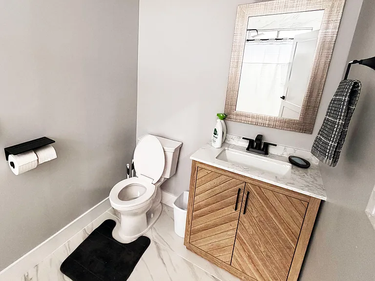 Updated bathroom with vanity storage, sleek fixtures, double roll toilet paper holder with mini-shelf and large mirror