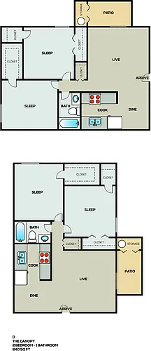 Floor plan 2 Bedroom 1 Bath 9205B1