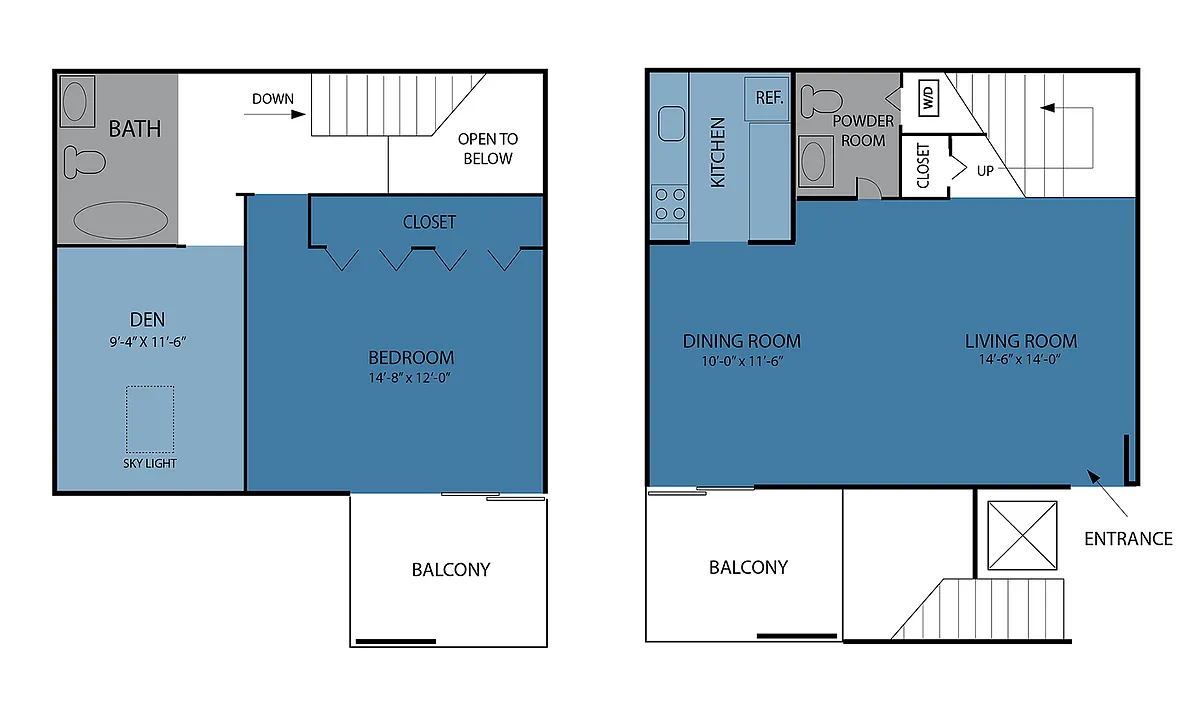 Floor plan Nemour Townhome 1BR 1.5BA Den