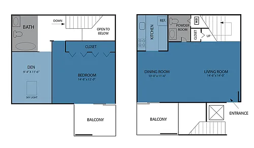 Floor plan Nemour Townhome 1BR 1.5BA Den
