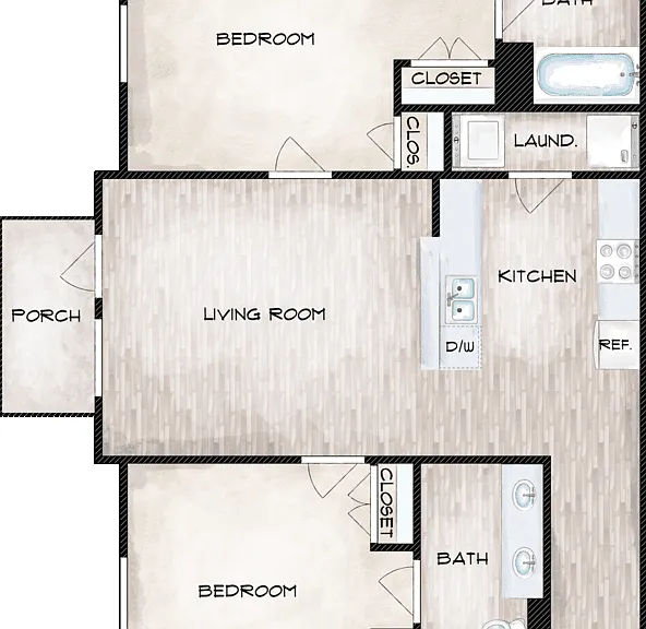 2 Bed 2 Bath Floorplan Diagram