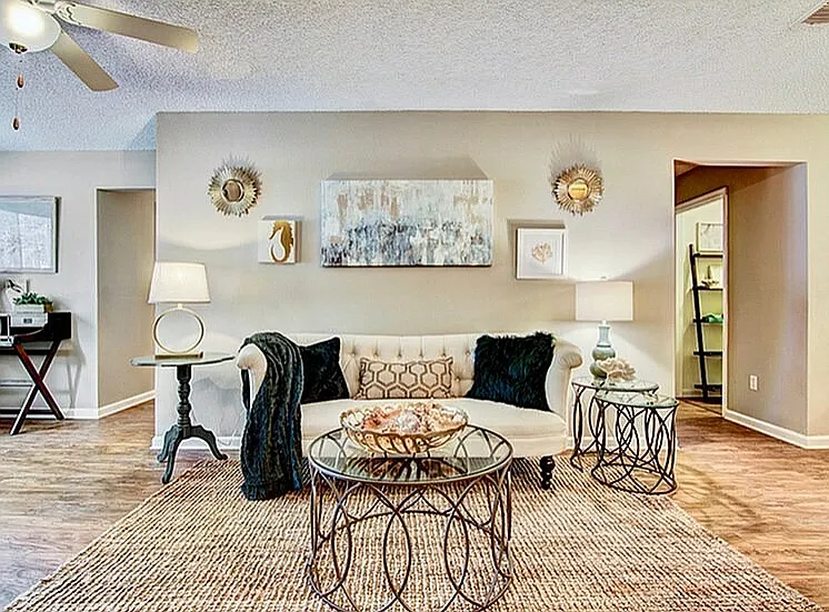 Spacious living room with hardwood-style flooring