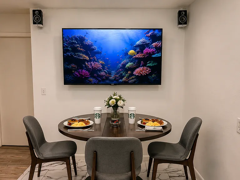 AI photo of previous photo to visualize furniture and entertainment center set up.