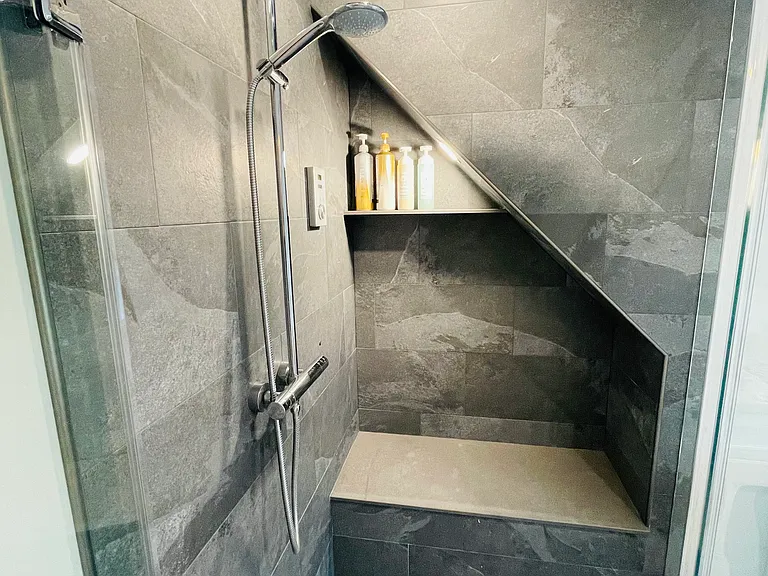 Bathroom: rainshower, steam shower with built-in bench and niche